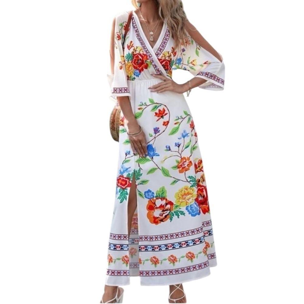 🆕 SHEIN Cream Cold Shoulder Floral Dress Size M